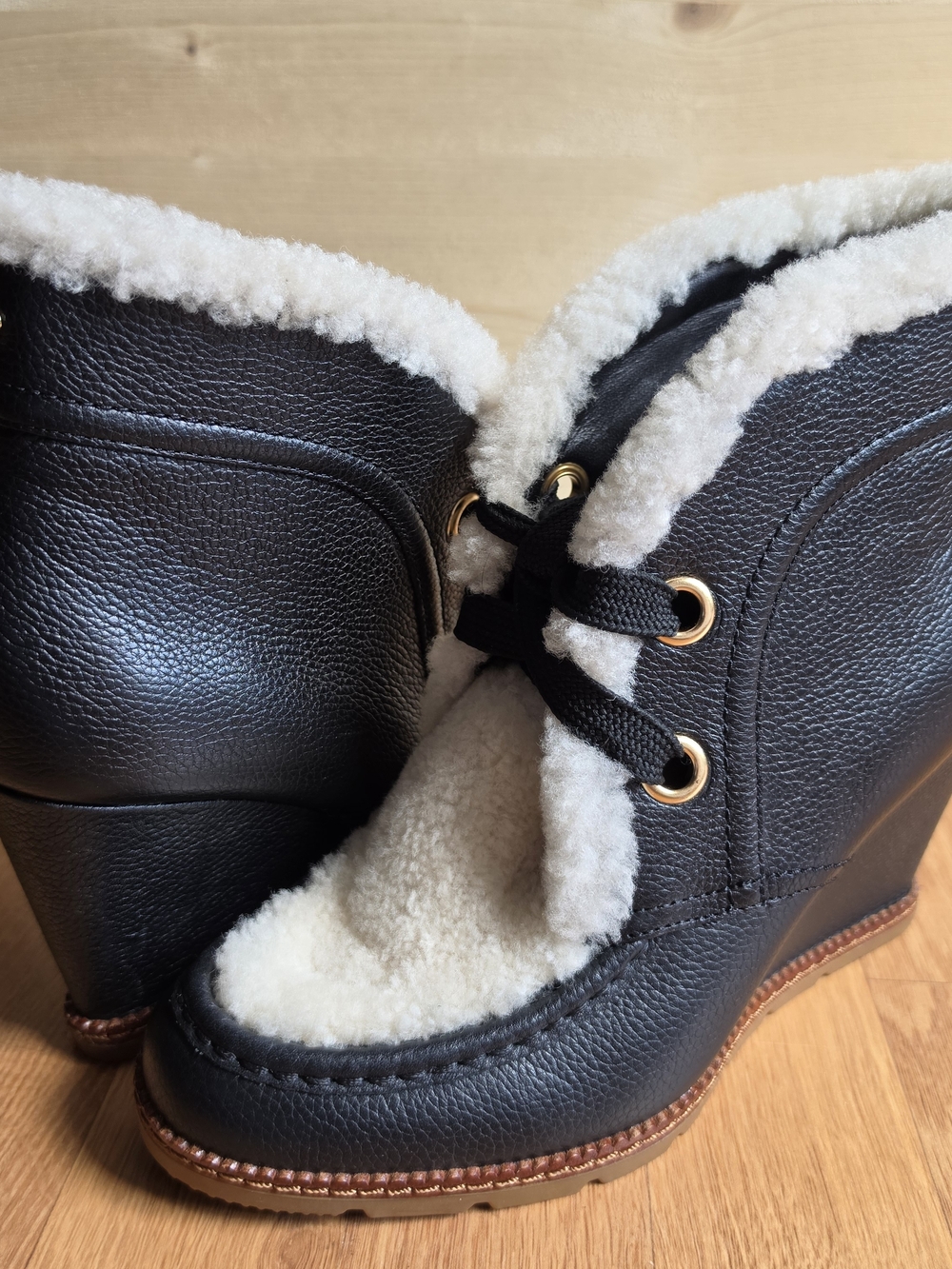kate spade Black Faux-Leather Shearling Wedge Booties